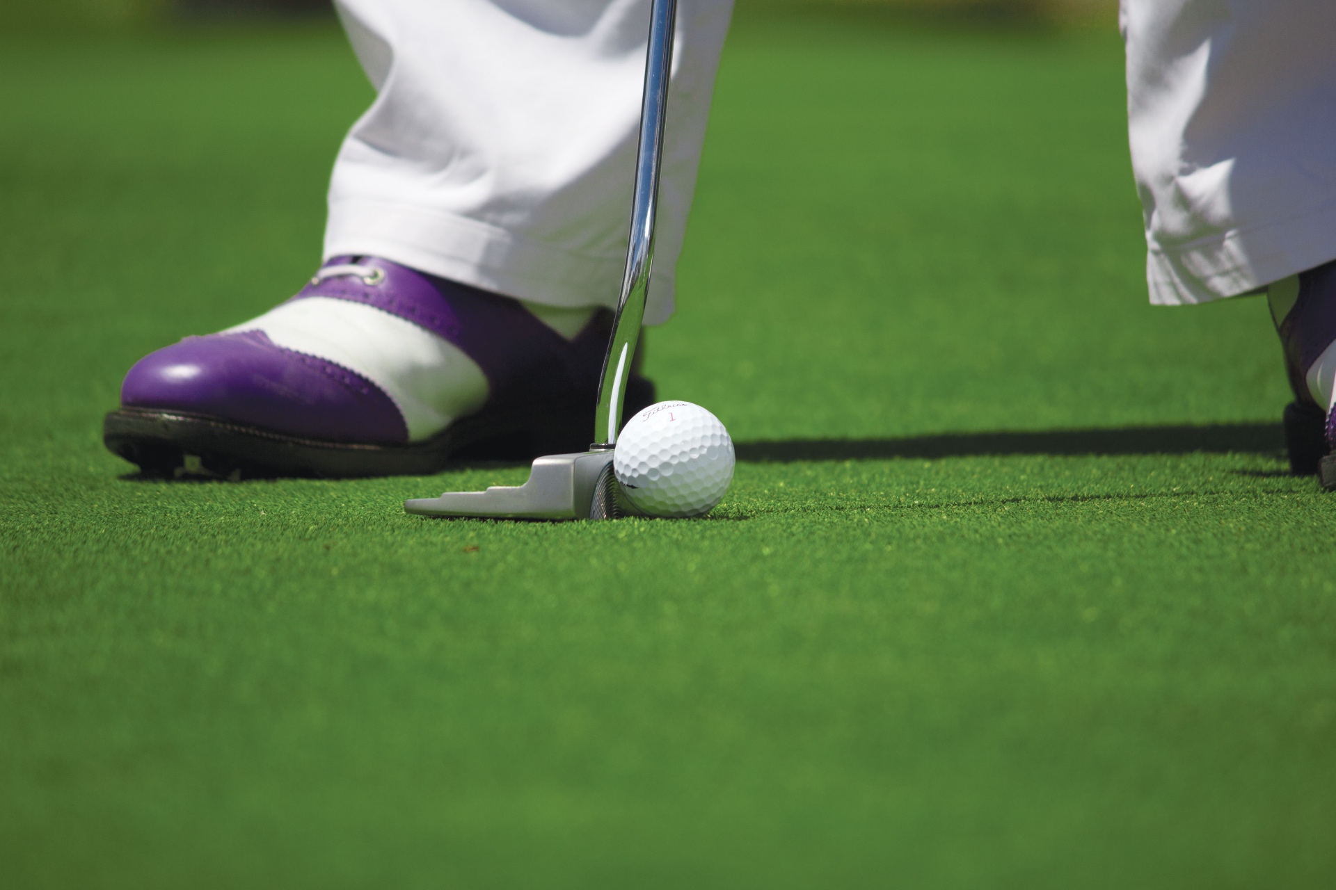 Golfer in purple and white brogues lining up a putt