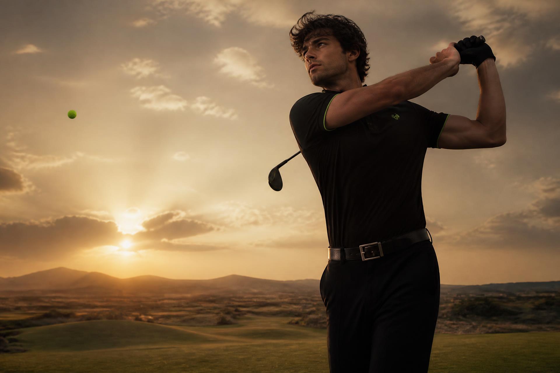 Golfer in a PARLY technical polo at dusk, striking a luminous golf ball
